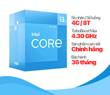 Bộ vi xử lý Intel Core i3-12100 (4C/8T , 3.3GHz - 4.3GHz, 12MB, LGA1700) / Box chính hãng